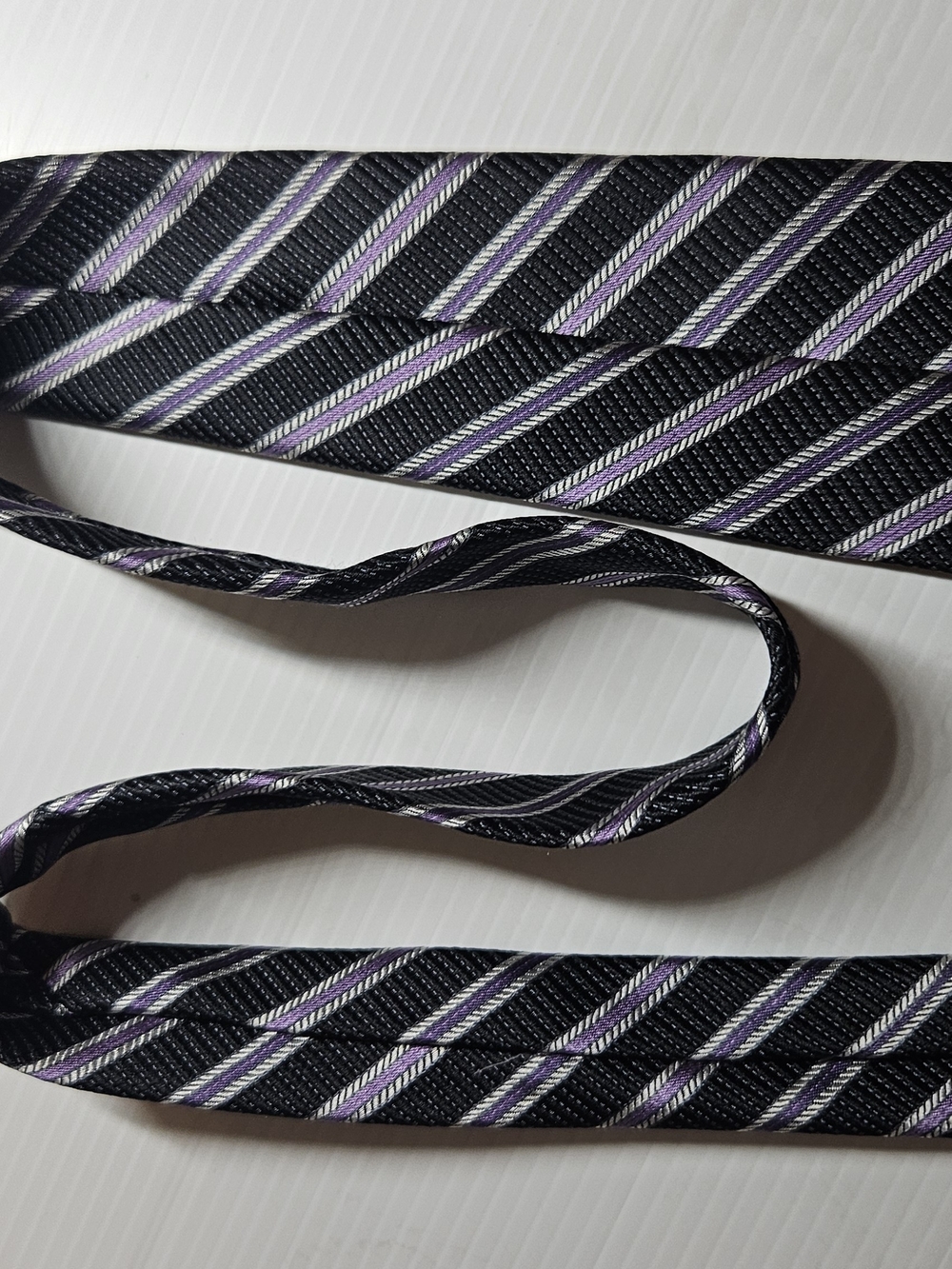 Jos. A. Bank Black Tie with Purple and Silver Diagonal Stripes
